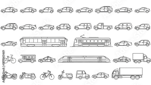 Minimal Transportation Vector Icon Set Featuring Car and Public Transport Line Art Symbols