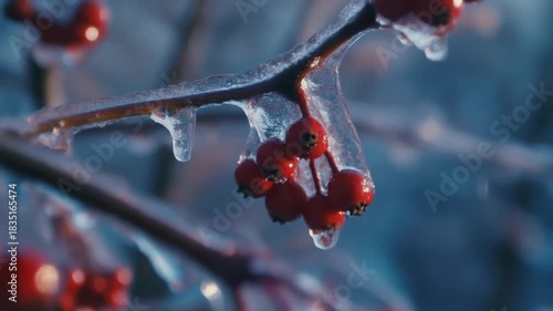 Close-up of red berries covered in ice on a branch Keywords: berries, red berries, ice, frozen, frost, branch, nature, winter, cold, close-up, macro, detail, dew, water droplets, icy coating
