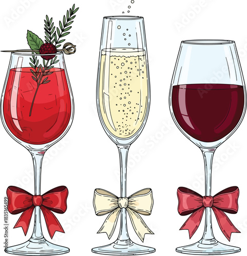 Three festive glasses with alcoholic drinks and ribbon bows