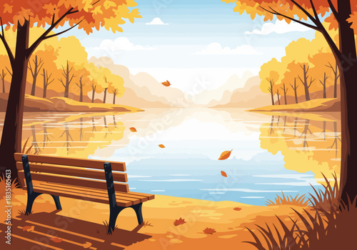 Autumn Lake Landscape with Wooden Bench by the Water, Warm Trees Reflection on Calm Lake Surface and Falling Leaves, Peaceful Fall Outdoor vector Illustration