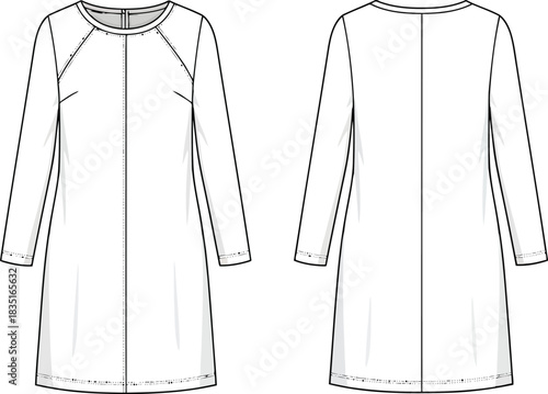 Long sleeve shift dress fashion flat design front and back views