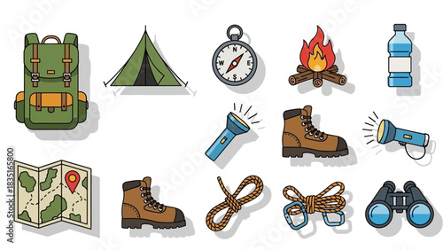 Collection of camping and hiking equipment illustration with essential tools and accessories for