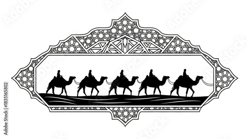 Black and white illustration of a camel caravan with riders inside an ornate frame