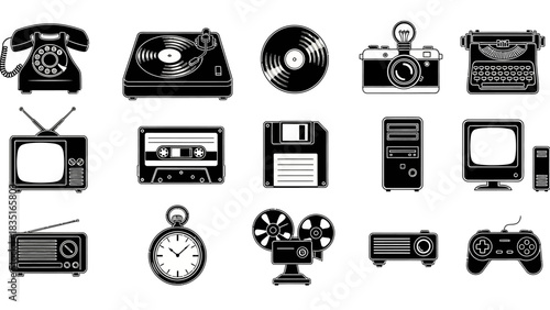 Monochrome collection of vintage technology icons representing past innovations and entertainment