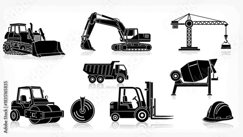 Monochrome vector illustration depicting various construction vehicles and equipment