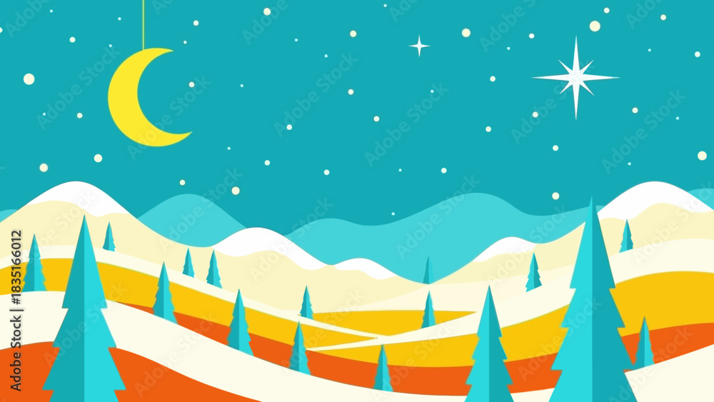 Obraz premium Snowy evergreen forest landscape with rolling hills