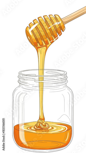 Golden honey dripping from wooden dipper into glass jar