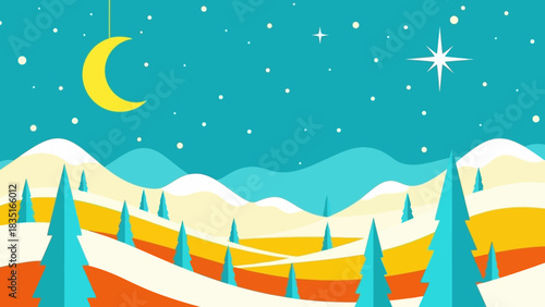 Snowy evergreen forest landscape with rolling hills