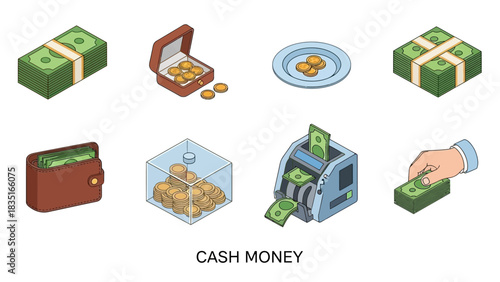 Isometric icons of digital storage devices and data management concepts
