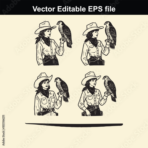 vintage style vector illustration set featuring four different poses of a cowgirl wearing a cowboy hat and holding a falcon or hawk on her gloved hand