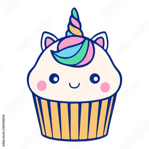 An illustration of a cupcake with a unicorn horn, ears and colorful hair on a white background