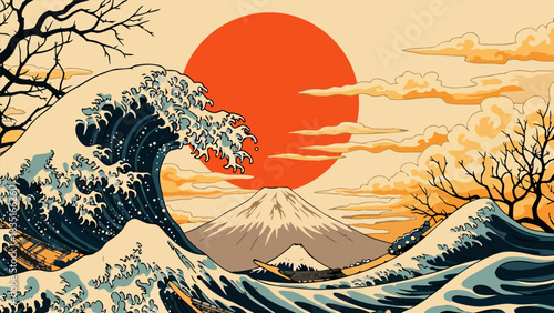 A classic Japanese Ukiyo-e art style illustration of a large wave and Mount Fuji with a rising sun in the background