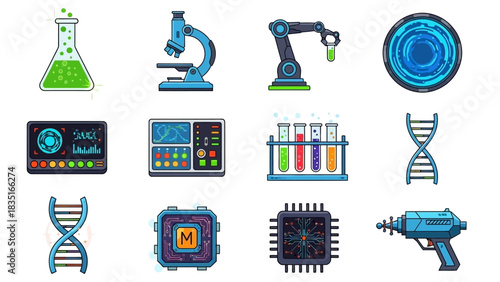 Collection of Cartoon Science and Technology Icons on White Background for Web Design
