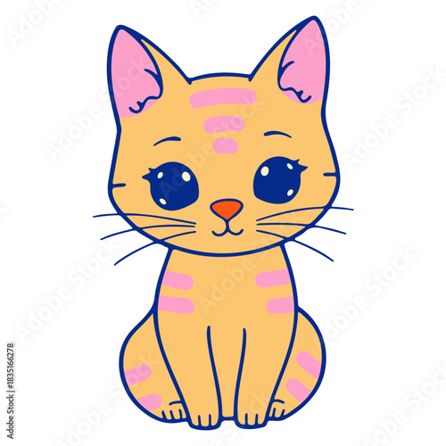 A cartoon tabby cat with pink stripes sitting upright and looking forward with big blue eyes and whiskers
