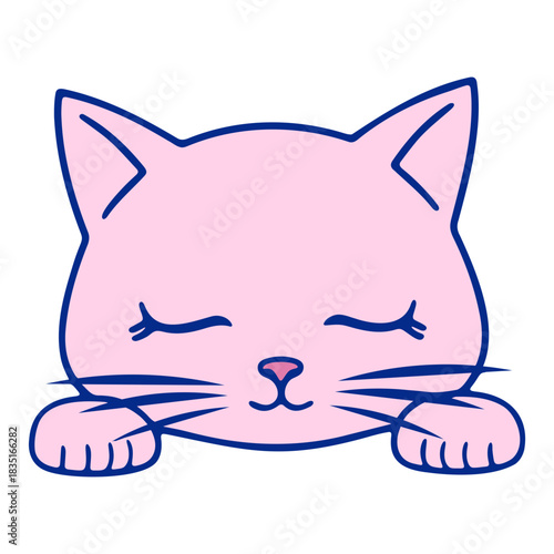 Illustration of a cute pink cat with closed eyes and paws resting on a surface in cartoon style