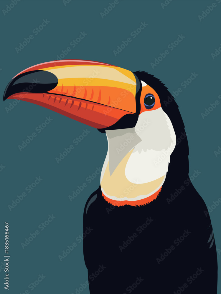 Naklejka premium Vibrant tropical toucan bird illustration with colorful large beak profile on a dark background, showcasing exotic wildlife beauty and modern vector art style