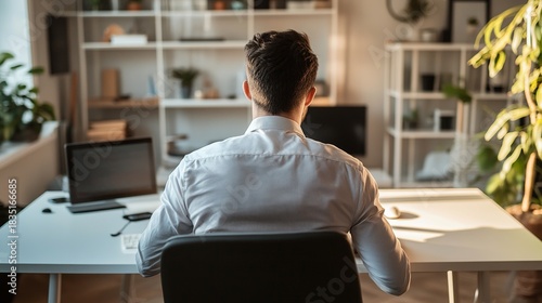 Man working at home office desk with laptop, finding focus and productivity in modern workspace, ideal for remote work or concentration