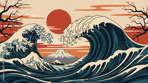 Japanese style vector illustration of a giant ocean wave with a red sun and mountain. Ukiyo-e inspired seascape graphic design art