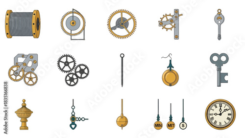 Detailed Illustration of Assorted Clock Components and Mechanisms, including Gears and Keys