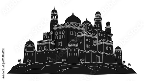 Detailed black and white vector illustration of an Arabian castle with intricate architecture and