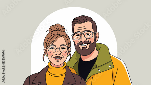 A happy, smiling couple with glasses, dressed in winter jackets, standing close together, enjoying a moment of togetherness