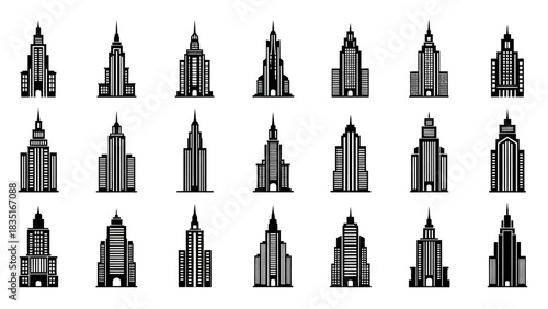 Collection of minimal style skyscraper vector icons perfect for urban cityscape creation and