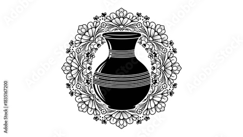 Elegant black vase surrounded by intricately detailed floral design illustration