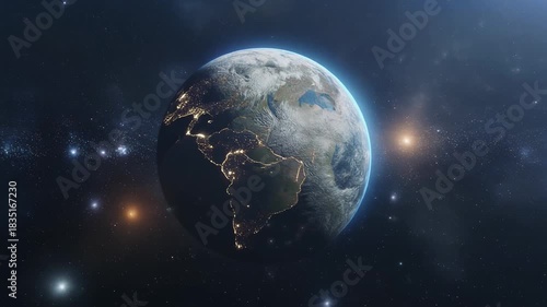 Earth From Space Night Lights Orbiting Planet Global Civilization Energy Power Grid Cosmos Stars Galaxy Nebula Celestial View