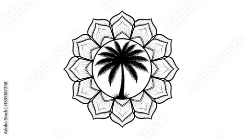 Exotic Palm Tree Mandala Design with Intricate Floral Petals on White Background