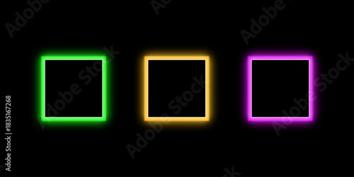 Electric Neon Aesthetic Graphic Collection. Colorful neon frame vector design. Rounded rectangle shape glow effect. Vibrant futuristic border template for display element.