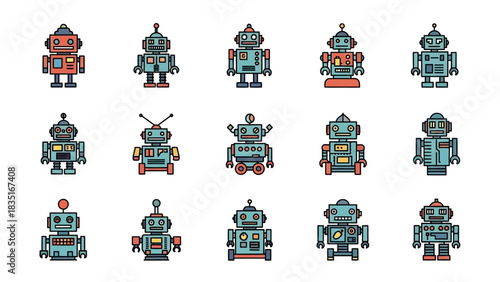 Collection of fifteen colorful retro robots for various creative design projects