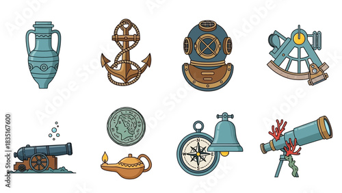 A Set of Nautical and Historical Artefacts Illustrations, showcasing Adventure and Discovery