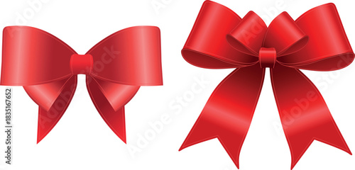 Vector decorative shiny gift red ribbon with tied bow, design element isolated on white background	
