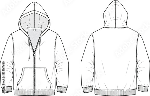 Front and back view fashion flat sketch of a hooded zip-up jacket.