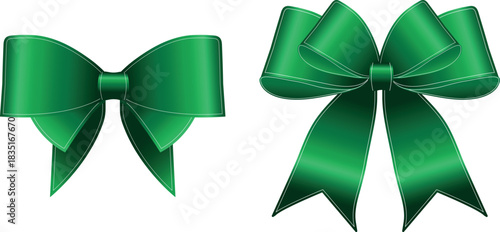 Vector decorative shiny gift element of dark green ribbon with tied bow isolated on white background	