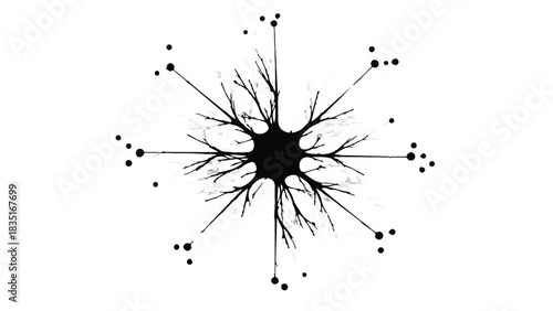 Intricate black neuron illustration with radiating connections on white background