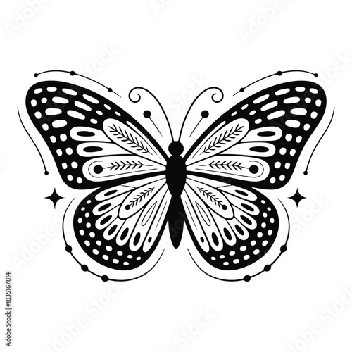 Decorative butterfly silhouette with intricate wing patterns in black and white, ideal for feminine artwork, tattoo concepts, boho themes, stationery design, and elegant nature illustrations.
