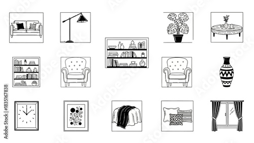 Black and white interior design illustration of home furnishings and decorations for stylish