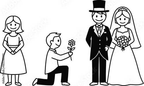 Wedding scene with groom, bride, and a man proposing with flower