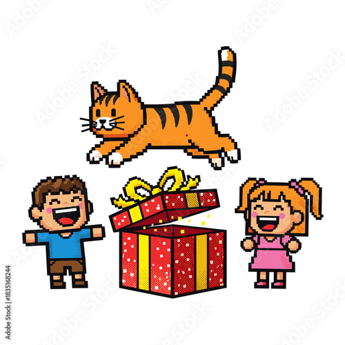 Kids laughing while watching cat jump into a gift box  