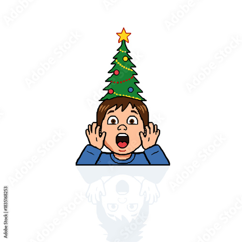 Boy with surprised expression wearing Christmas tree hat  