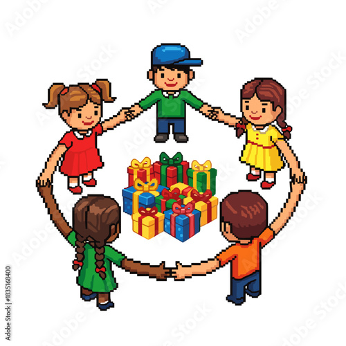 Kids holding hands around a pile of colorful presents during Christmas  