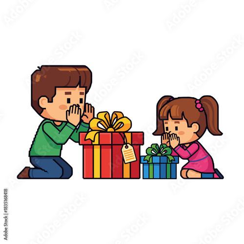 Kids whispering secrets to gifts while kneeling beside Christmas presents  