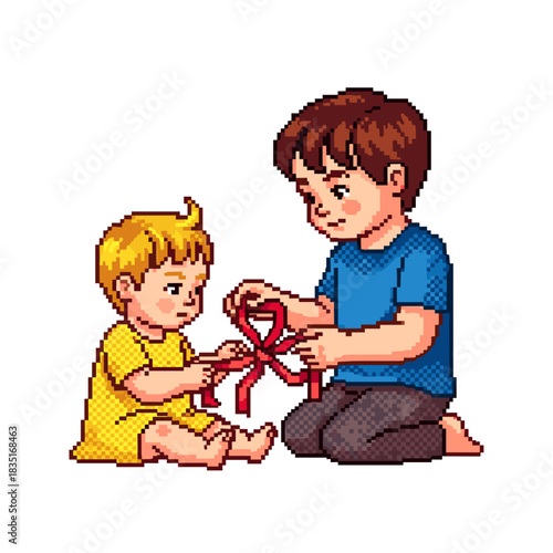 Older sibling helping toddler with ribbon under Christmas tree  