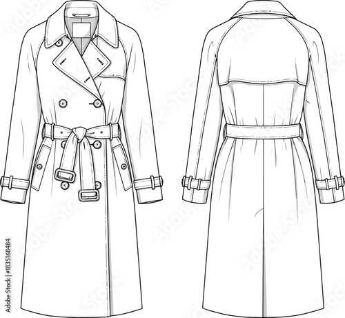 Fashion illustration of a classic belted trench coat, front and back view