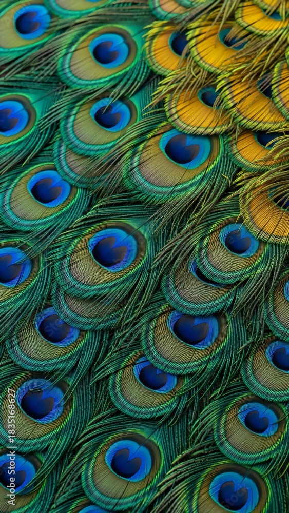 Obraz premium Close up view of vibrant and colorful peacock feather eyespot. Exotic bird plume detail for luxury and natural beauty concept. Art and fashion inspiration.