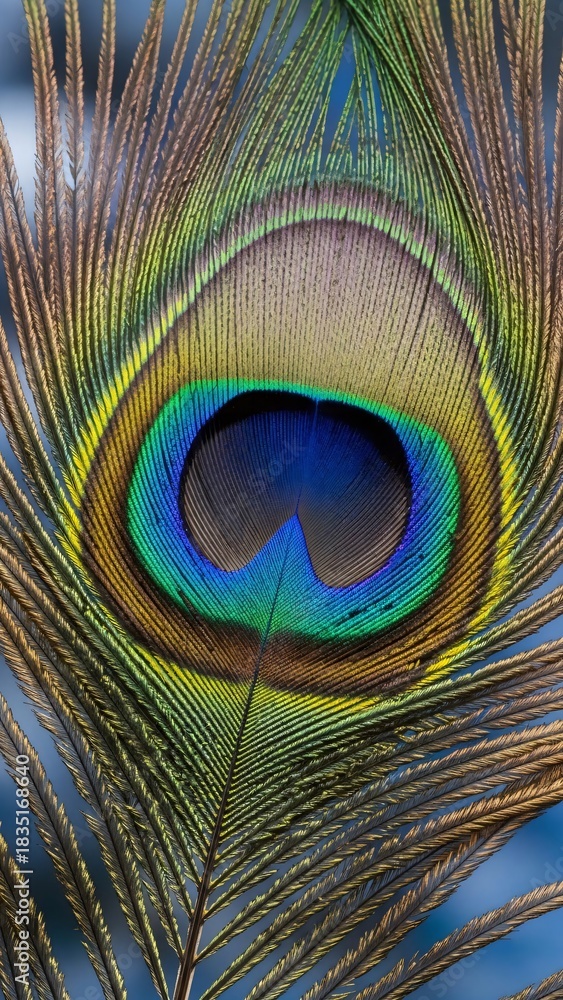 Obraz premium Peacock feather close-up. Exotic bird plume detail for luxury and natural beauty concept. Art and fashion inspiration.
