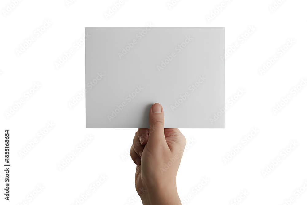 Fototapeta premium Hand holding a blank white rectangular card, isolated on white background