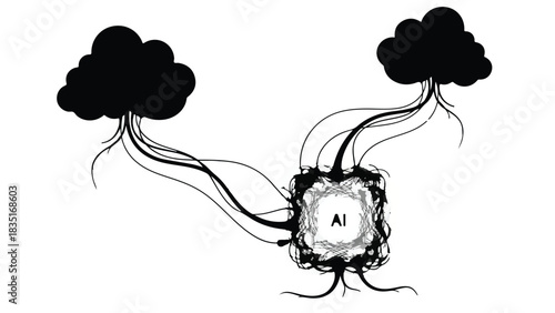 Abstract AI concept connecting two organic forms with tangled lines, symbolizing data flow and neural networks.