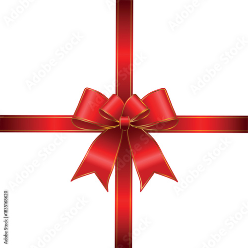 Vector decorative shiny gift red ribbon with tied bow, design element isolated on white background	
